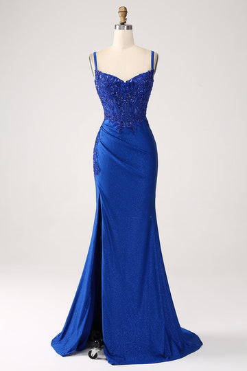 Glitter Royal Blue Mermaid Spaghetti Straps Long Formal Dress with Appliques
